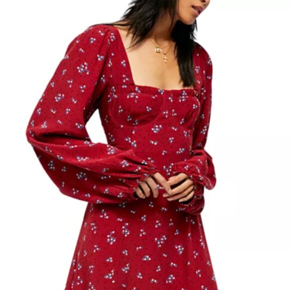 Free People Women's Iris Floral Long Sleeve Midi Dress Size XS Red - Picture 2 of 15